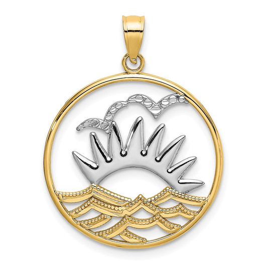 14k Yellow Gold and White Rhodium Sun, Sailboat, Water with