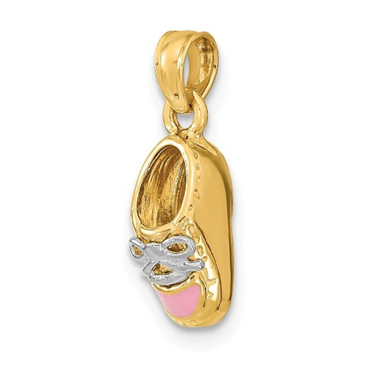 14K Yellow Gold 3-D Pink Enamel Baby Shoe Charm Pendant - (A91-772