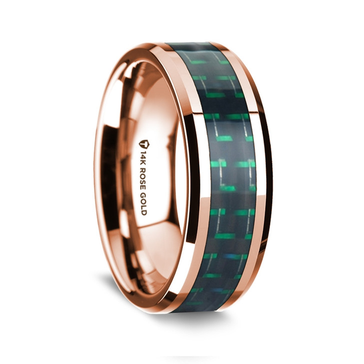 14K Rose Gold Polished Beveled Edges Wedding Ring with Black and Green Carbon Fiber Inlay - 8 mm ~ (G65-106)
