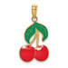 14K Yellow Gold With Enamel 2-D Cherries With stem & Leaf Charm Pendant - (A90-958)