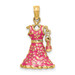 14K Yellow Gold 3-D Moveable Enamel Pink Floral Dress With Shoe Charm Pendant - (A91-298)