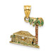 14K Yellow Gold 3-D With Enamel Palm Tree & Hut Charm Pendant - (A91-297)