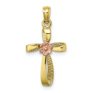 10K Two-tone Gold Twisted Cross With Heart Charm Pendant - (A89
