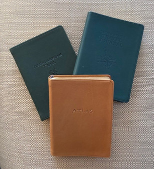 Items #9, 20 and 11 Grab one or collect em all! 
Italian Leather Smythe-sewn Travel Journals & Atlas
TOP L to R:#9 Appalachian Trail Guide & #10 United States Travel Journal in Hunter Green
Bottom: #11 World Atlas in British Tan
Each 69.00 value/NOW 30.00 wow!