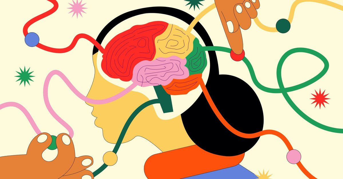 Illustration of a human head in profile with a colourful brain, representing cognitive function and brain exercise