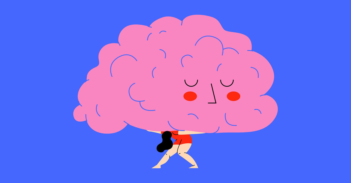 Menopause brain fog Illustration of a woman carrying a large brain
