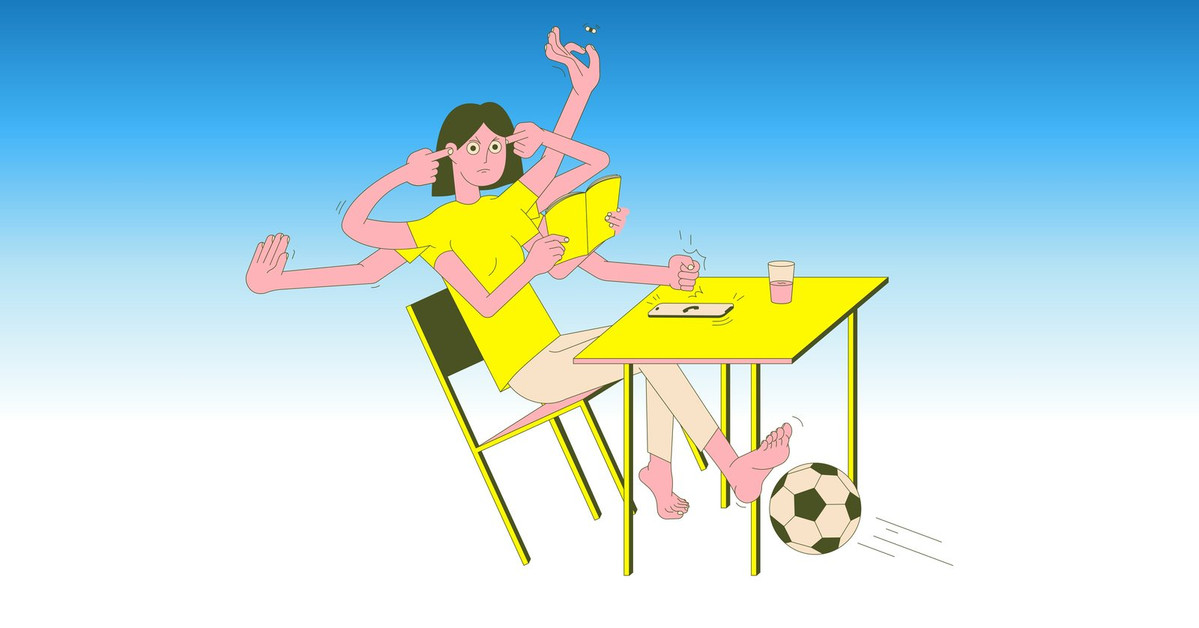 Illustration of a woman with many arms juggling reading, a phone, a drink and a football at once, depicting divided attention