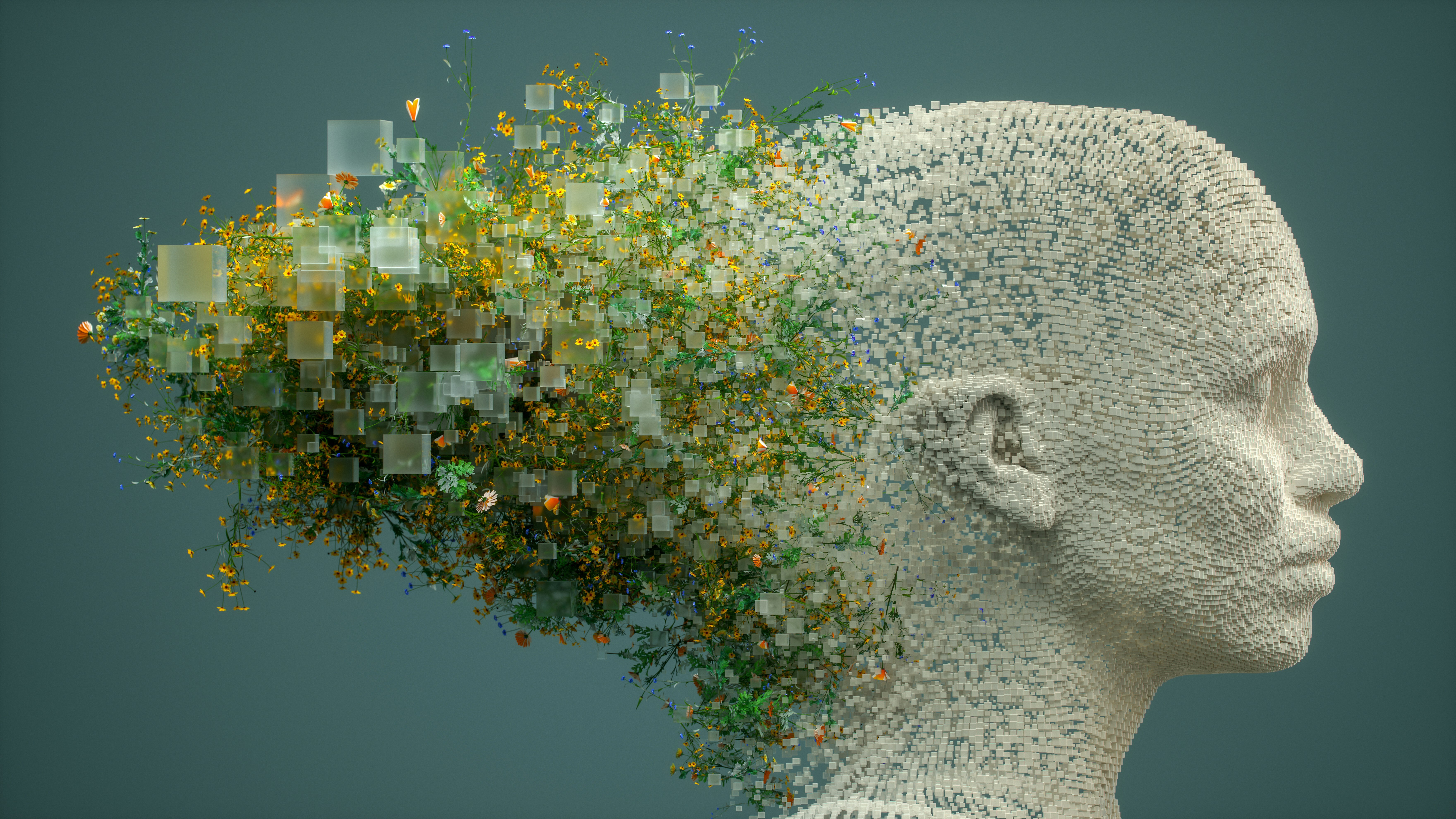 Mood, stress and the brain — a digital sculpture of a human head with flowers and nature emerging, representing emotional wellbeing and neuroplasticity
