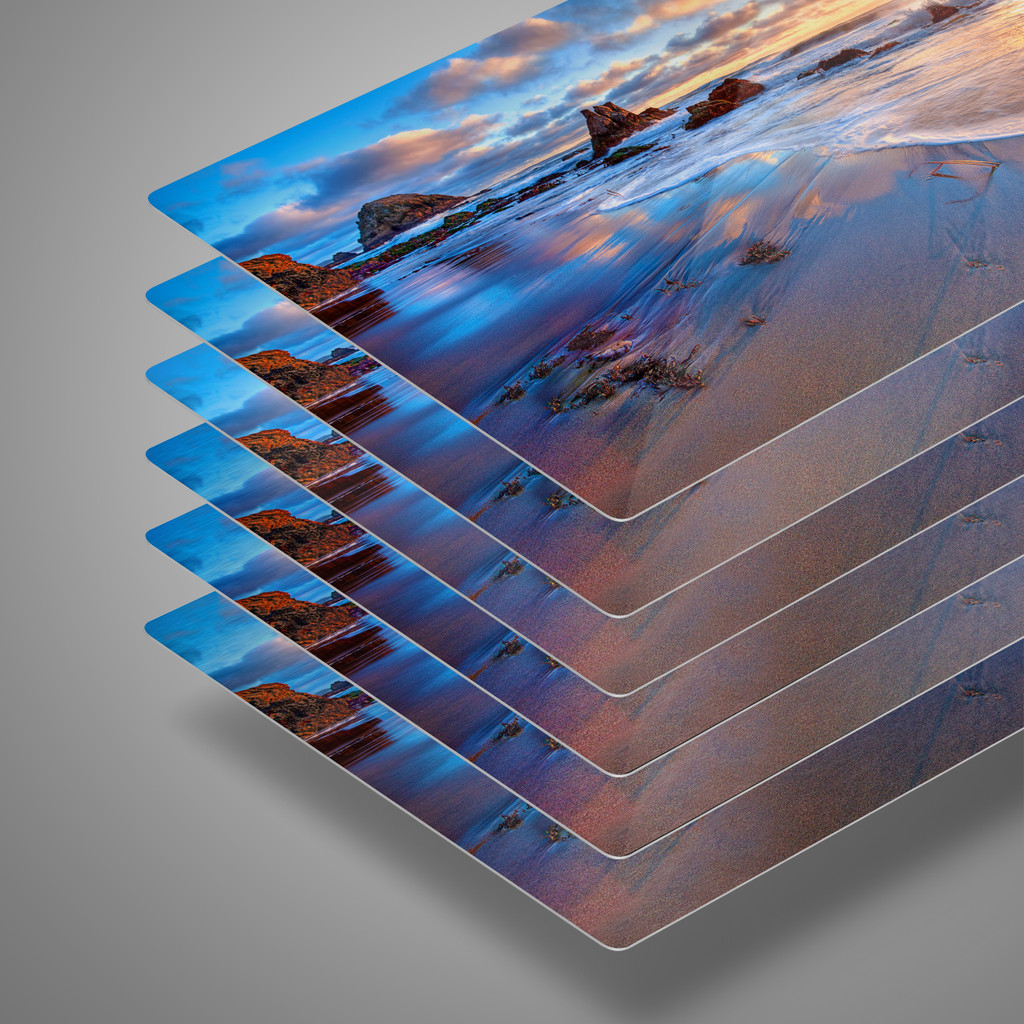 Samples of the  print surfaces: White Gloss, White Semi-Gloss, White Matte, Silver Gloss, Silver Matte