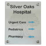 Metal Sign with standoffs. Silver gloss metal finish. Silver Oaks Hospital sign. 