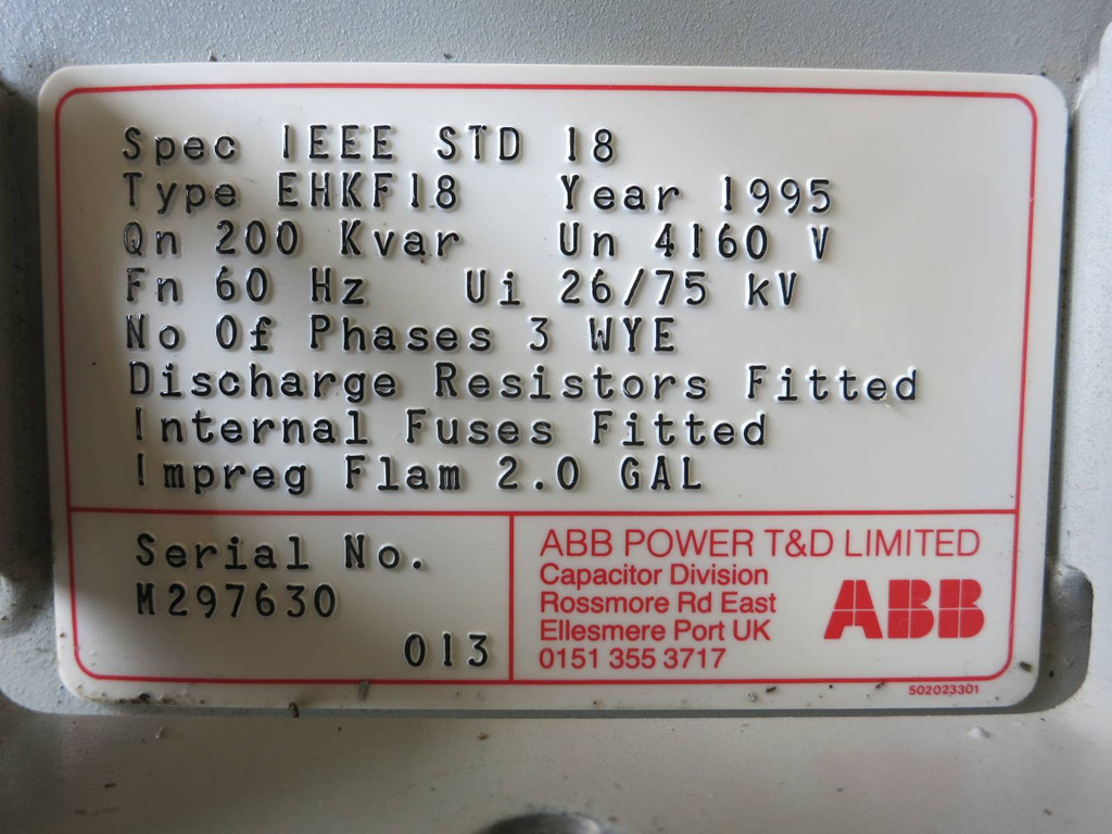 ABB EHKF18 200 kVAR 4160 VAC 60 Hz 26/75 kV 3 Phases WYE Capacitor STD 18 4160V (PM1578-13)