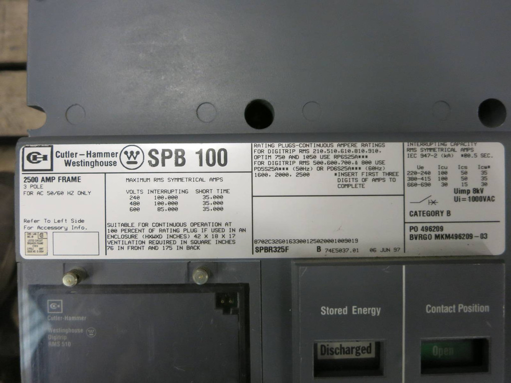 CH Westinghouse SPB 100 2500A EO Circuit Breaker w/ UVR SPBR325F SPB100 2500 Amp (PM1615-1)