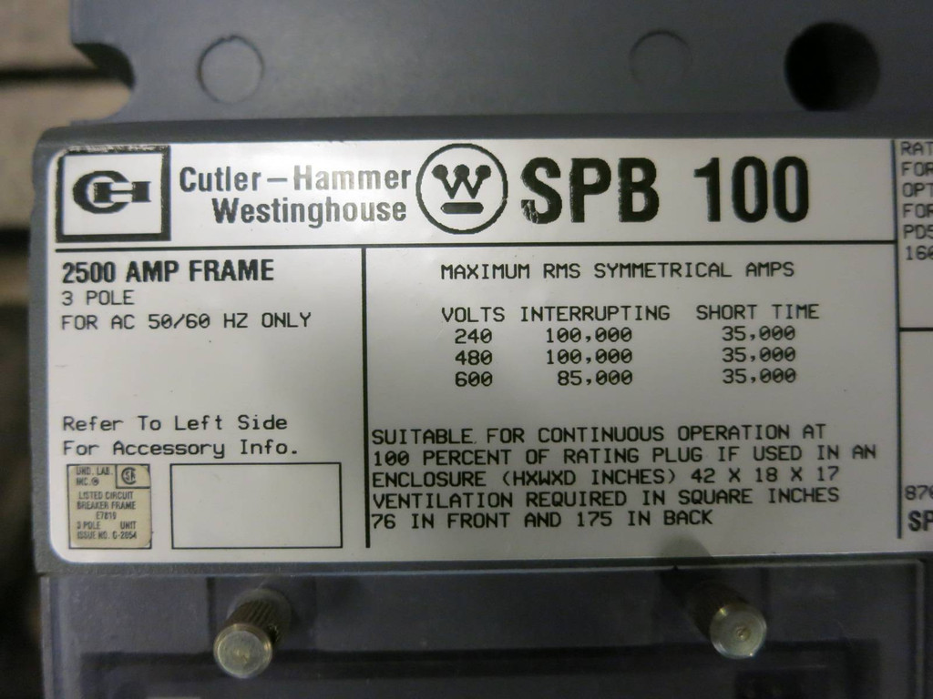 CH Westinghouse SPB 100 2500A EO Circuit Breaker w/ UVR SPBR325F SPB100 2500 Amp (PM1615-1)