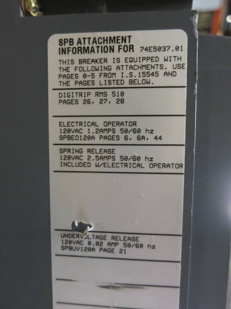 CH Westinghouse SPB 100 2500A EO Circuit Breaker w/ UVR SPBR325F SPB100 2500 Amp (PM1615-1)