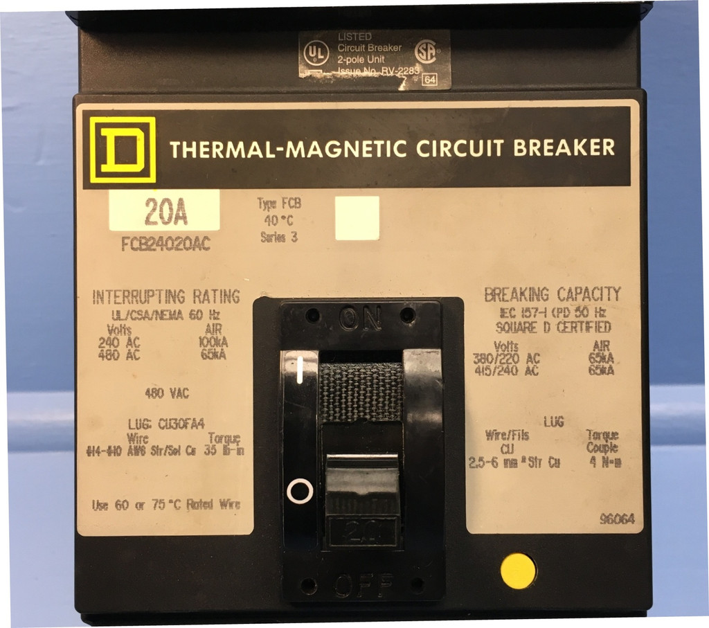 Square D I-Line FCB24020AC 20A Circuit Breaker 2 Pole 480 VAC Type FCB 20 Amp (EM1212-4)