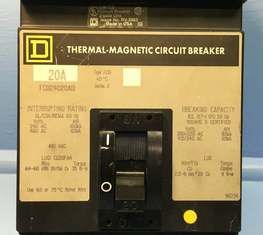 Square D I-Line FCB24020AB 20A Circuit Breaker 2 Pole 480 VAC Type FCB 20 Amp (EM1213-4)