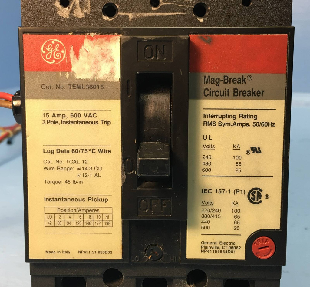 GE TEML36015 15A Mag-Break Circuit Breaker Aux 15 Amp General Electric bad label (EM1360-3)