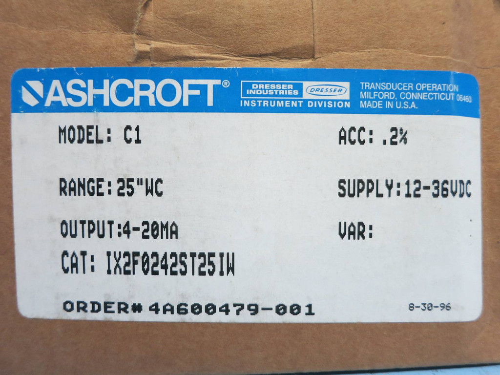 Ashcroft Model: C1 Range: 25"WC IX2F0242ST25IW Differential Pressure Transmitter (PM1945-10)