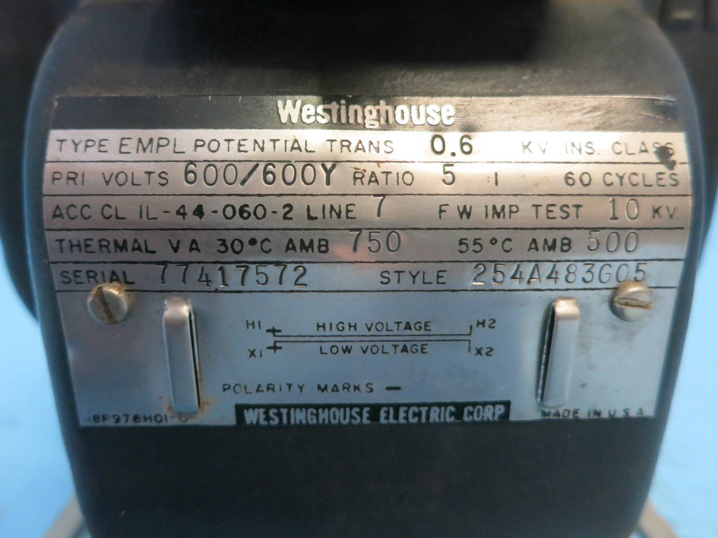 Westinghouse Type EMPL Ratio 5:1 600/600Y Style 254A483G05 Potential Transformer (PM1948-1)