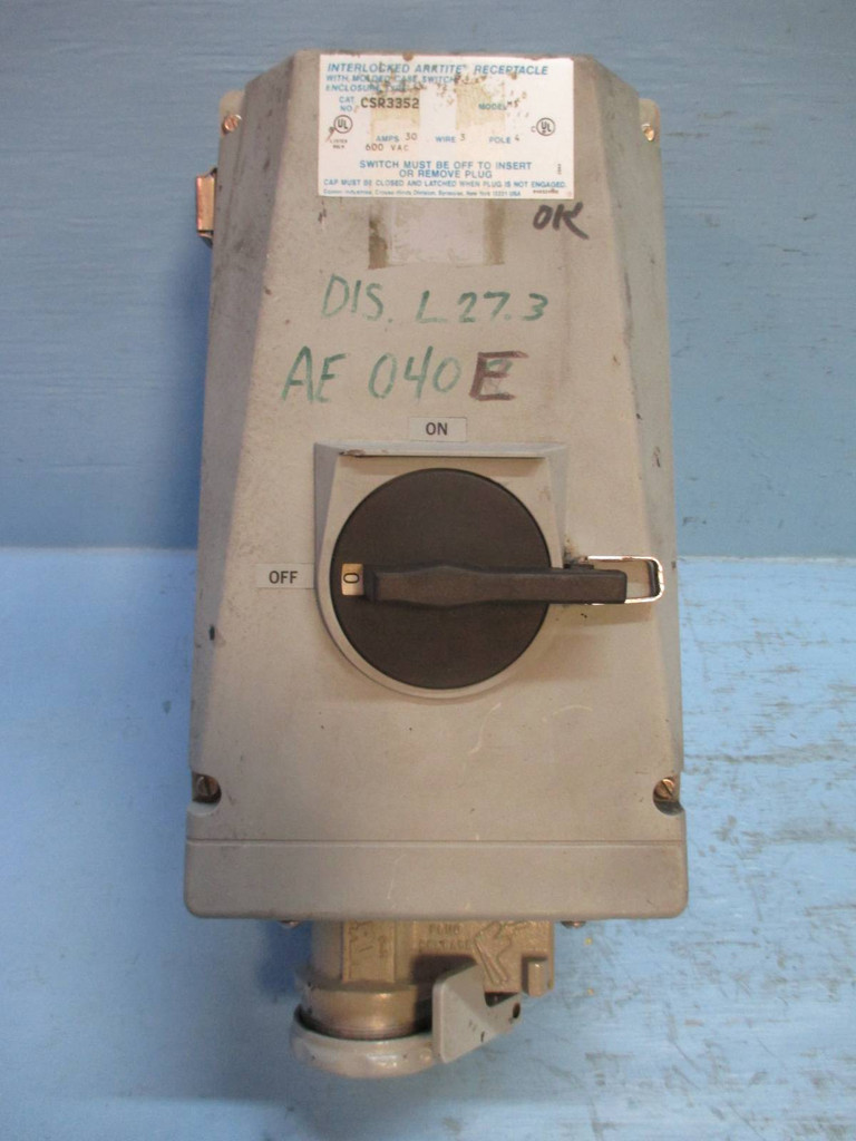 Crouse-Hinds CSR3352 Interlocked Arktite Receptacle 30 Amp 600 Vac 3 Wire 4 Pole (TK2004-4)