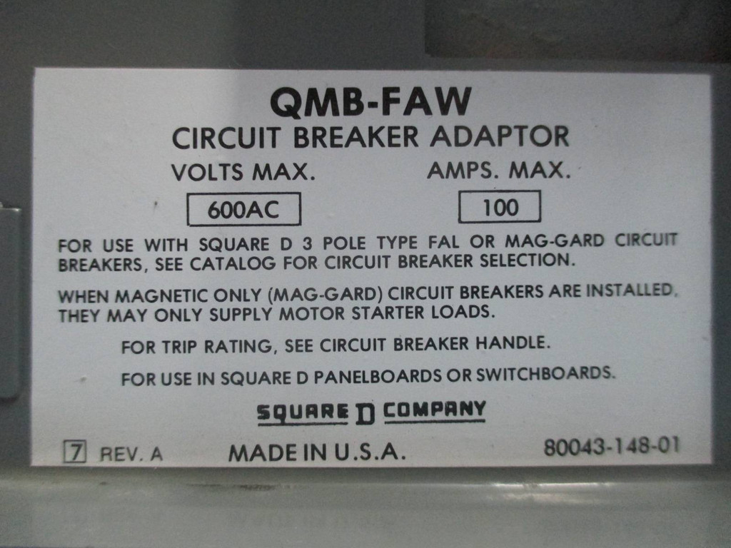 Square D QMB-FAW 100 Amp 600V QMB Breaker Adapter Branch Switch 100A QMBFAW (TK1168-5)