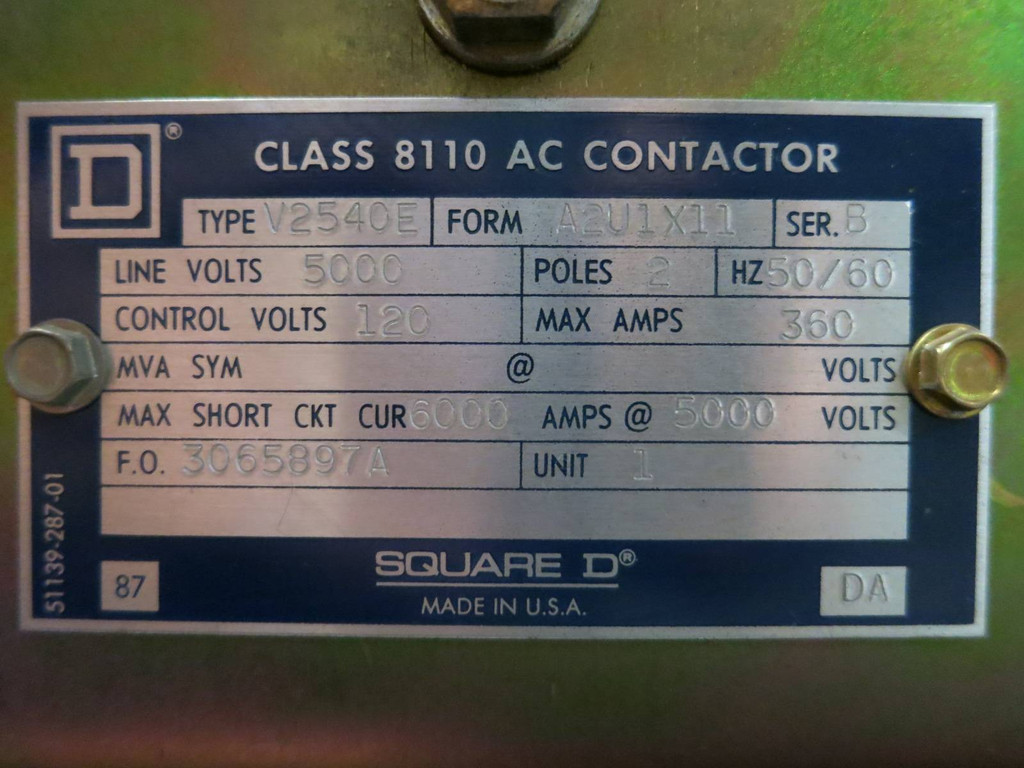 Square D Type V2540E Form A2U1X11 Sr B 5000V 360A Class 8110 AC Vacuum Contactor (PM2179-3)