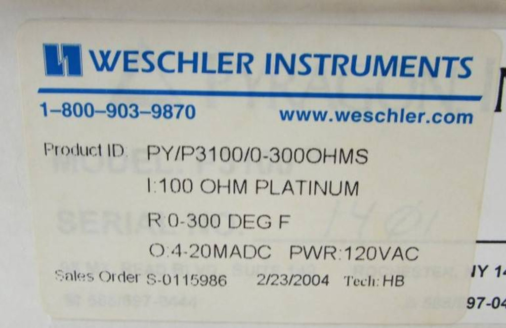 New Weschler Instruments Pyragon P3100 120V 100Ohms Alarm Transmitter NIB (YY3914-3)