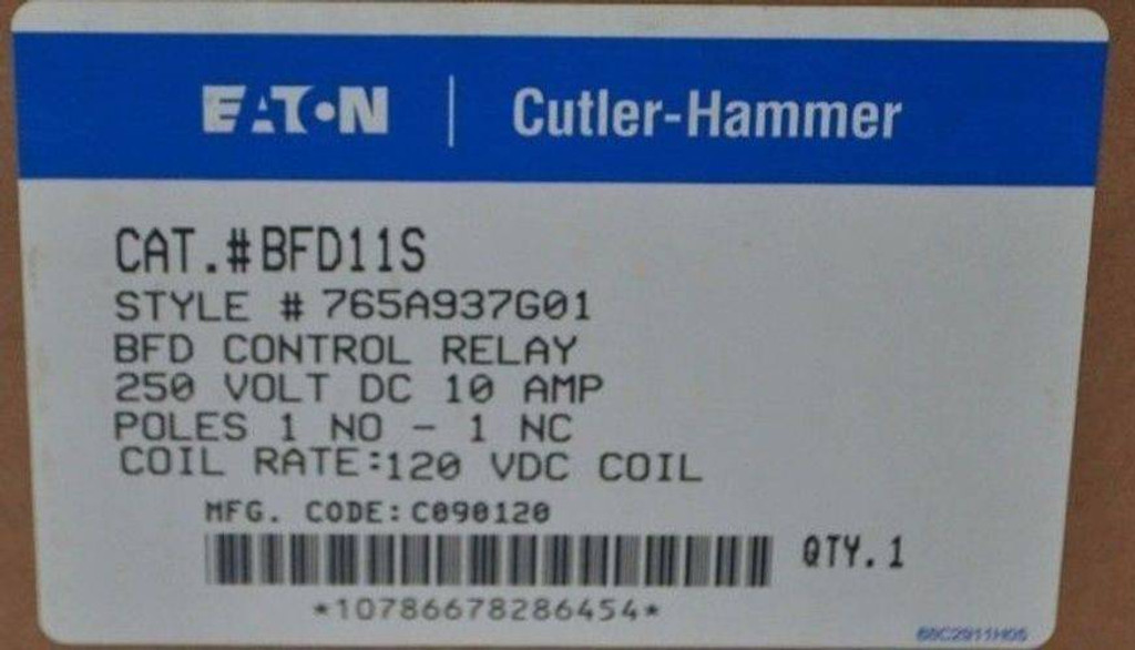 New Cutler Hammer BFD11S 10A 250V 120V DC Control Relay 765A937G01 NIB (YY2526-1)
