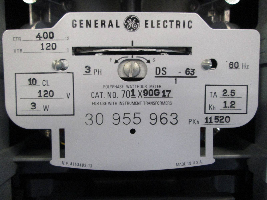 General Electric Polyphase Watthour Meter 3PH 701X90G17 Watt Hour Meter DS-63 3P (EBI2194-7)