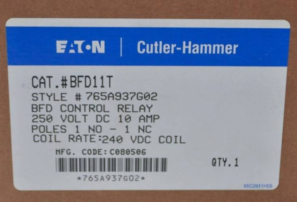 New Cutler Hammer BFD11T 10A 250V Control Relay 1 NO 1 NC 240VDC Coil NIB (YY2540-1)