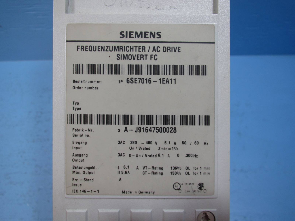 Siemens 6SE7016-1EA11 AC Drive Simovert SC 1P 6SE70161EA11 480 SIMO CU1 (NP1565-1)