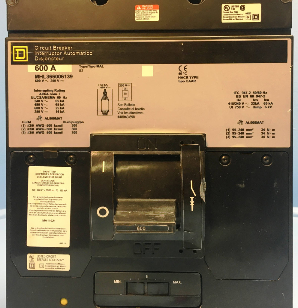 Square D MHL366006139 600A Circuit Breaker w/ Shunt 480/600V MAL S2 600 Amp HACR (EM1992-1)