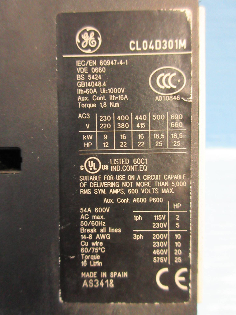 GE General Electric CL04D301M Contactor 54 Amp 600V 25HP 24V-DC Coil 3P 54A CL04 (TK2618-2)