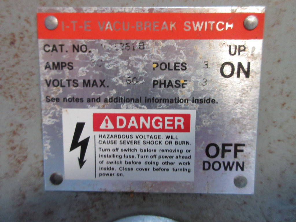 ITE V7E3613 w Hardware 100A & 30A 600V Fusible Vacu-Break Panelboard Switch (TK2734-1)