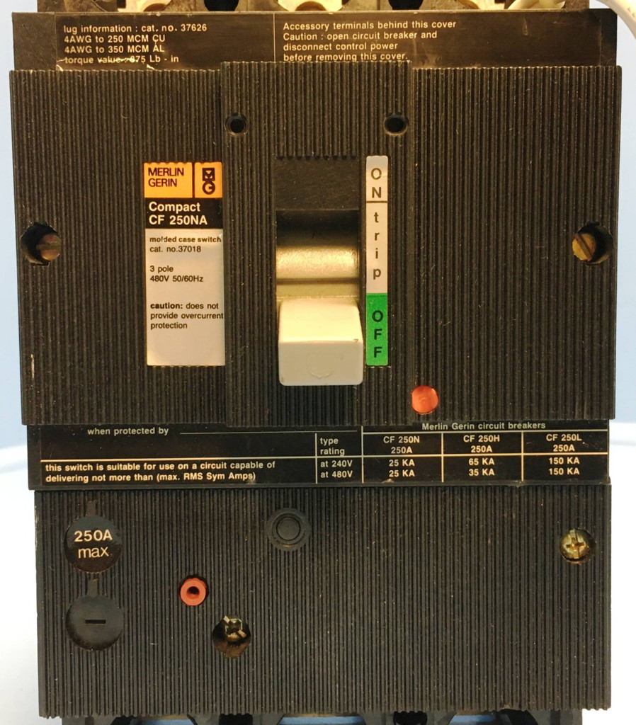 Merlin Gerin CF 250NA 37018 250A Molded Case Switch 480V 3P Shunt & Aux CF250NA (EM2073-2)