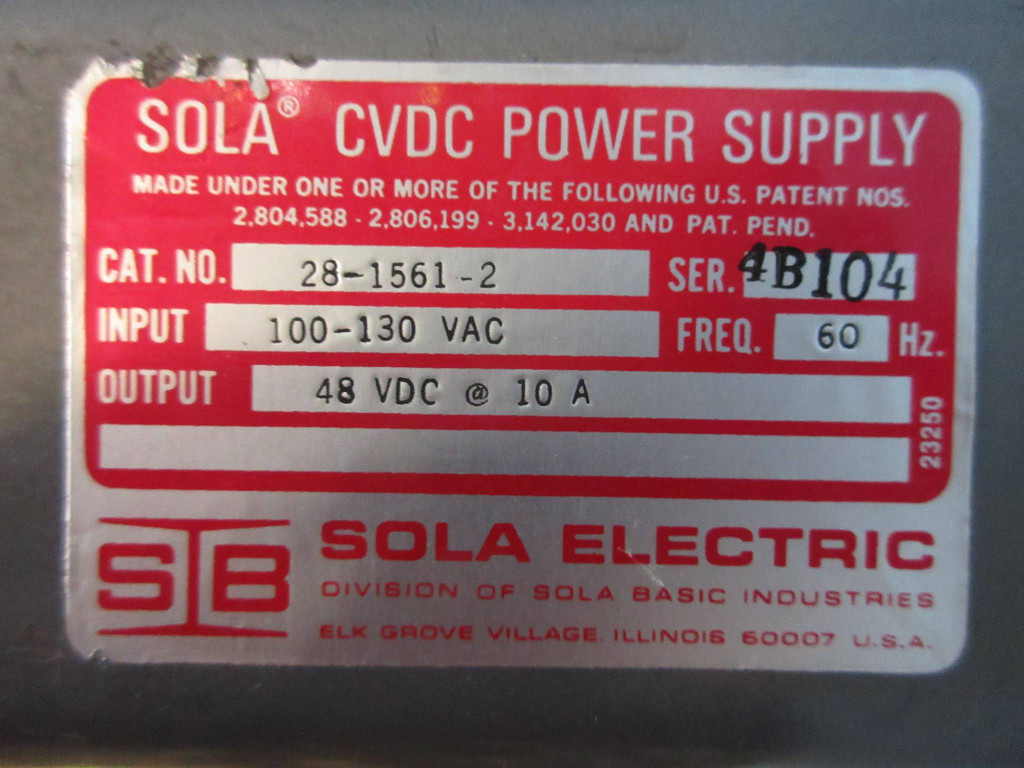 Sola 28-1561-2 CVDC Power Supply Input 100-130Vac Output 48 Vdc Basic Industries (TK2882-1)