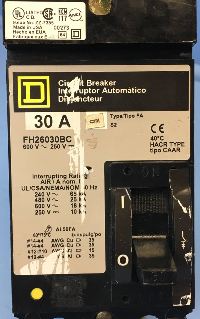 Square D I-Line FH26030BC 30A Circuit Breaker 480/600V 2 Pole FA 30 Amp HACR (EM2220-1)
