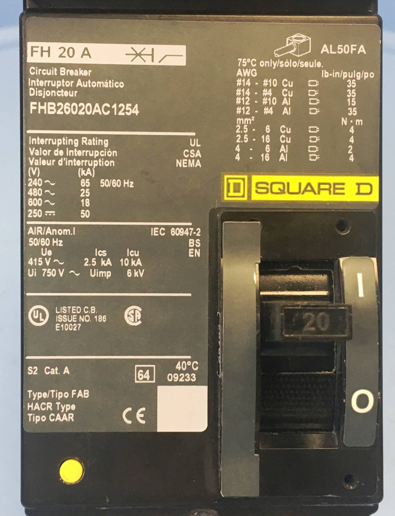 NEW Square D I-Line FHB26020AC1254 20A Circuit Breaker Green FAB S2 20 Amp NIB (EM2230-1)