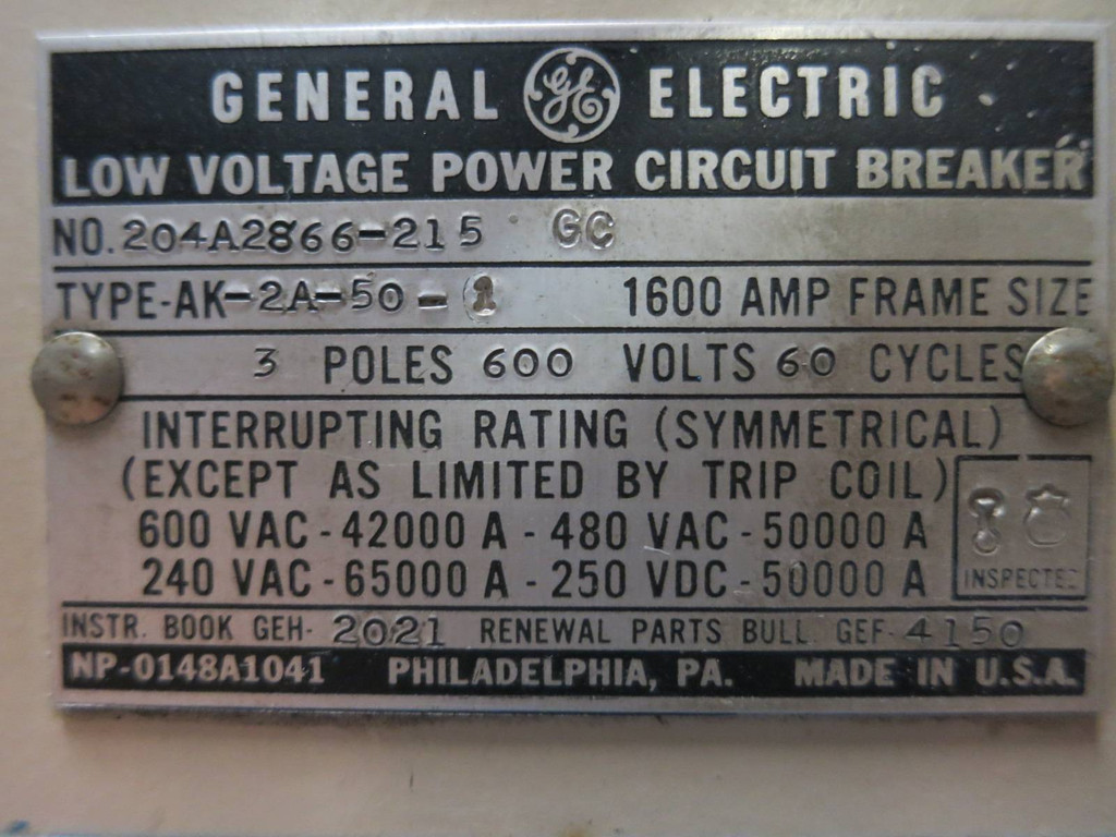 GE AK-2A-50-1 1600A EO Air Circuit Breaker 1600 Amp General Electric (PM2732-3)