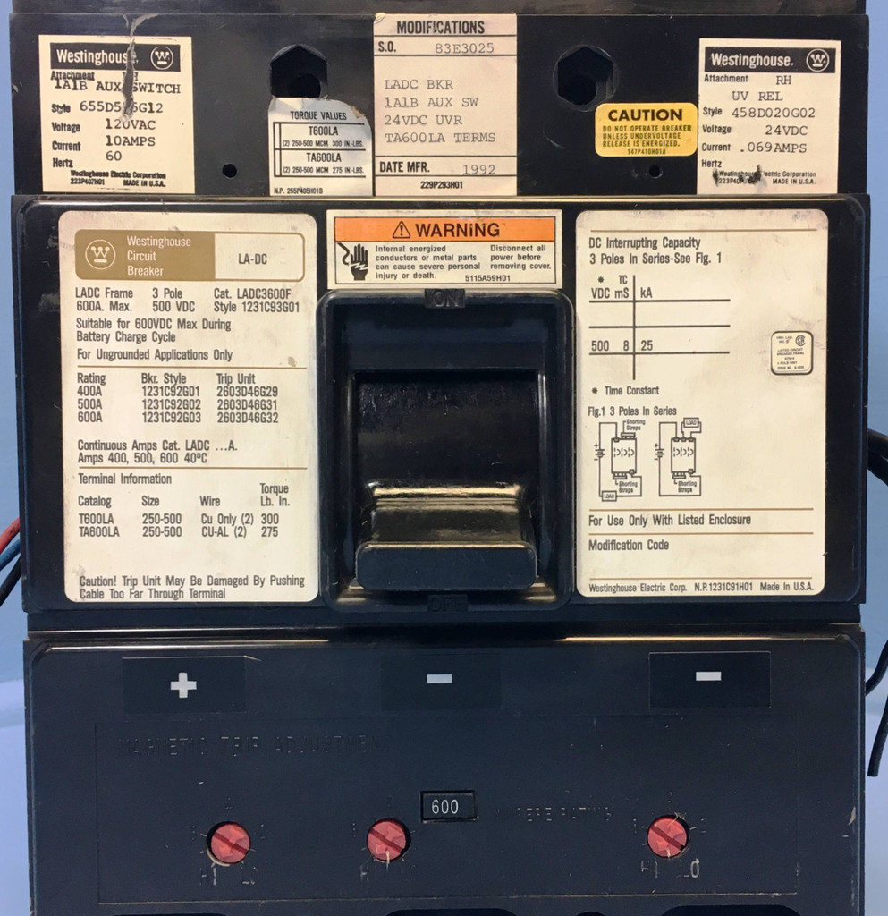 Westinghouse LADC3600F 600A DC Circuit Breaker Aux & UVR LA-DC 600 Amp LADC3600 (EM2295-1)