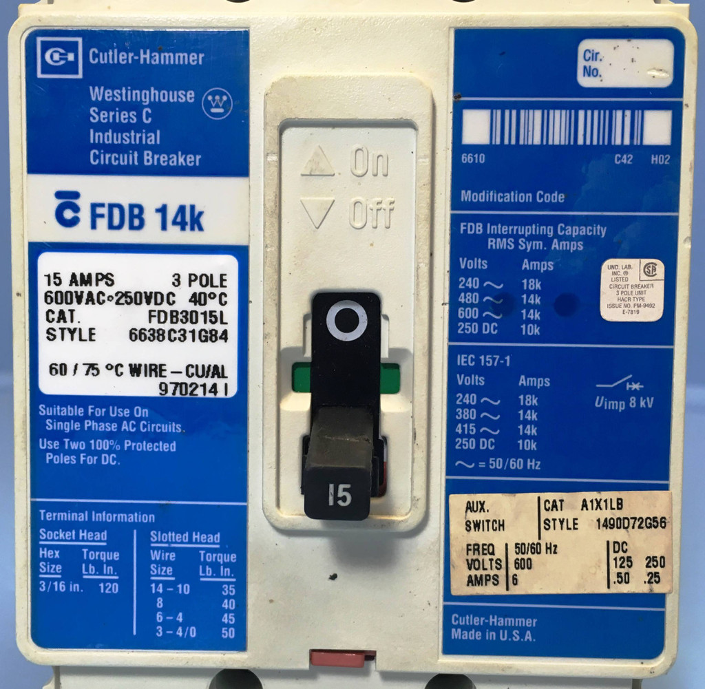 Cutler-Hammer FDB3015L 15A Circuit Breaker Glossy w/ Aux FDB3015 3P Westinghouse (EM2327-1)