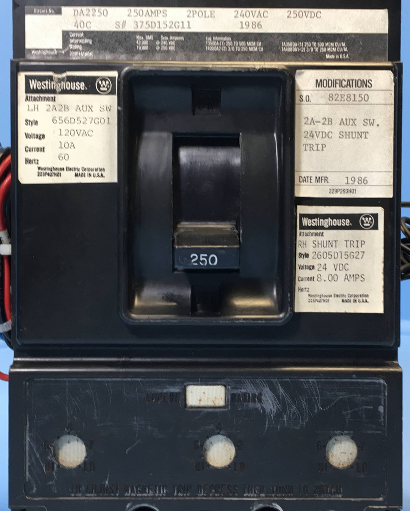 CH Westinghouse DA2250 250A Circuit Breaker w/ Shunt & Aux 2 Pole 250 Amp (EM2367-1)