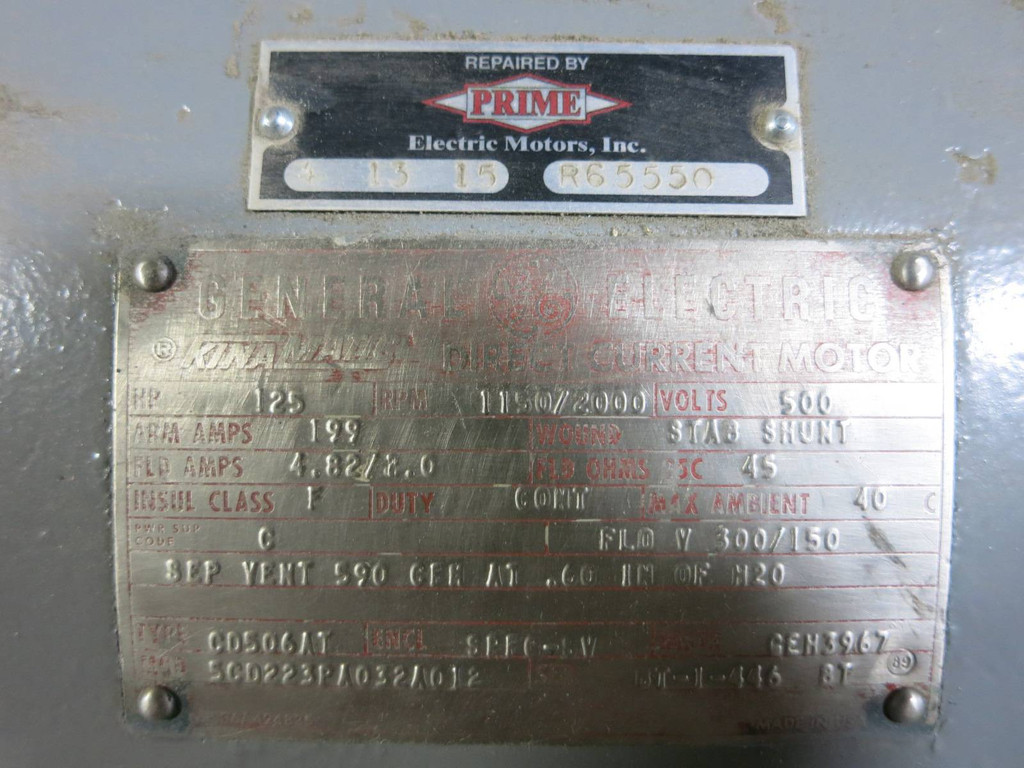 REBUILT General Electric DC Motor CD506AT 125 HP 500 V 1150/2000 RPM