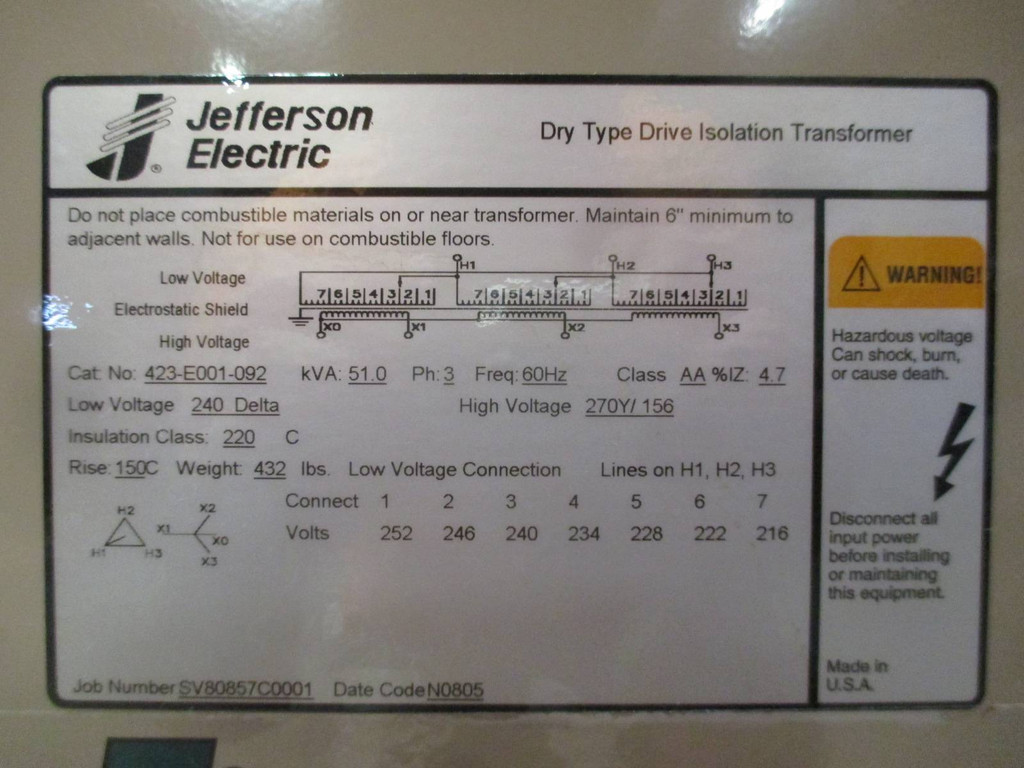 NEW Jefferson 51 kVA 240 Delta 270Y/156 423-E001-092 Drive Isolation Transformer (DW0512-1)