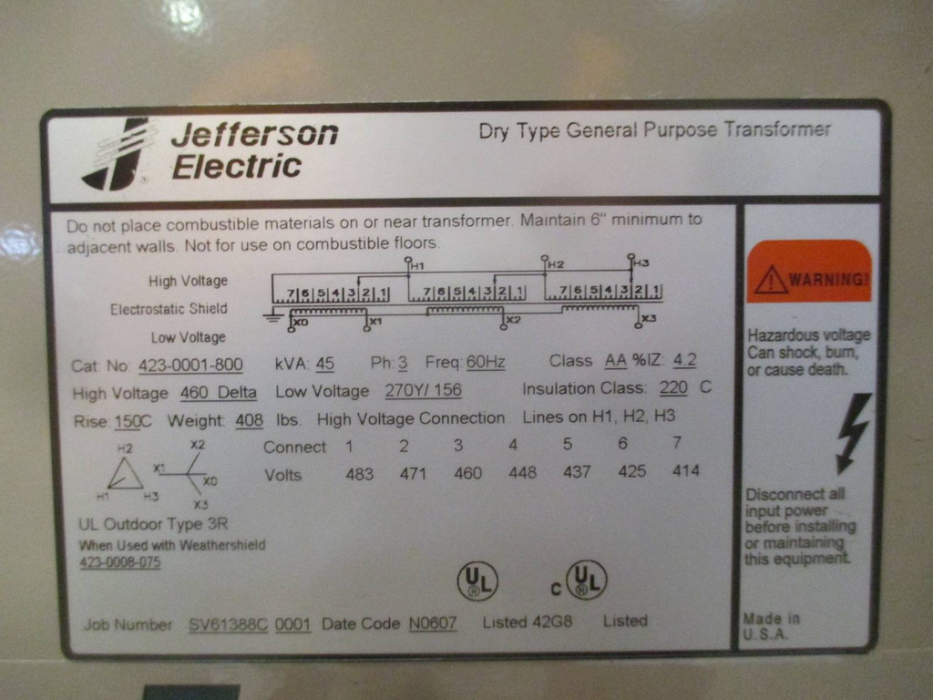 NEW Jefferson 45 kVA 460 Delta to 270Y/156 423-0001-800 Dry Type Transformer 270 (DW0514-1)