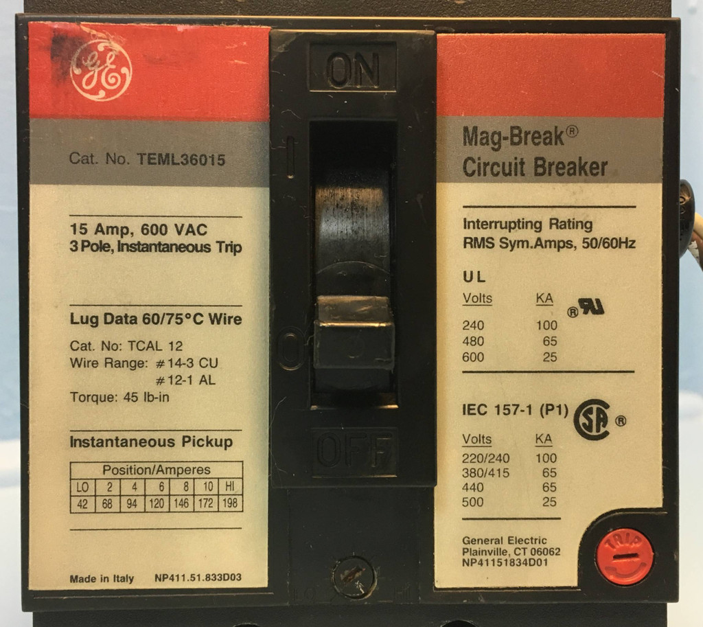 GE TEML36015 15A Mag-Break Circuit Breaker w/ Aux 600V 15 Amp General Electric (EM2503-2)