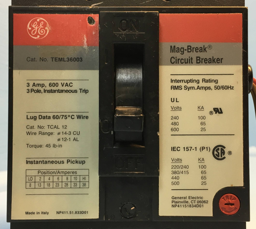 GE TEML36003 3A Mag-Break Circuit Breaker w Aux 600V 3P 3 Amp General Electric (EM2506-12)