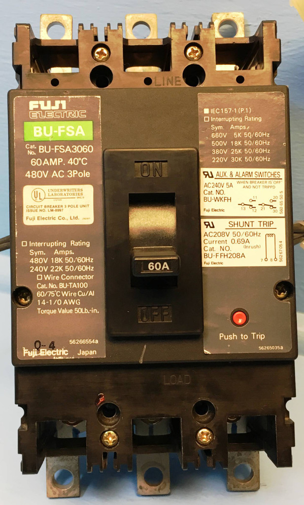 Fuji BU-FSA3060 60A Circuit Breaker BU-FSA w/ Shunt & Aux & Alarm 480V 3P 60 Amp (EM2521-1)