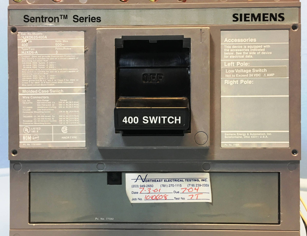 Siemens HJXD63S400A 400A Sentron Molded Case Switch w/ LV Switch 600V 3P 400 Amp (EM2529-7)