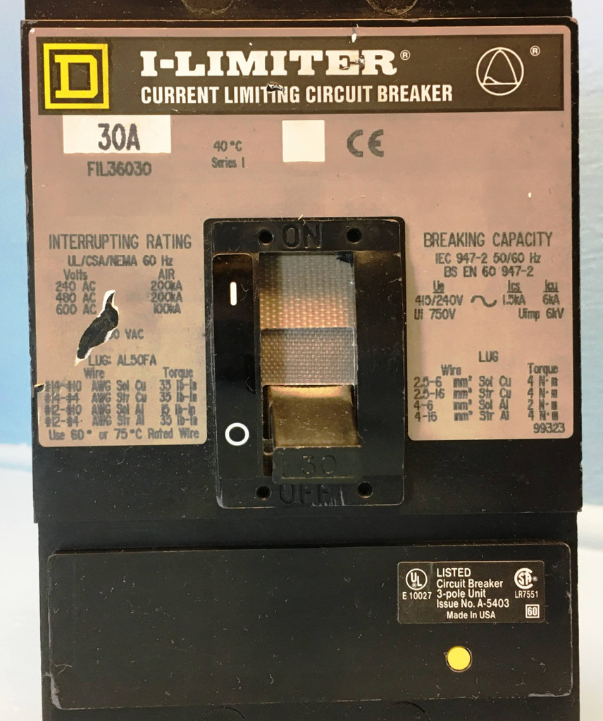 Square D FIL36030 30A I-Limiter Circuit Breaker 600V 3 Pole SqD 30 Amp bad label (EM2589-1)